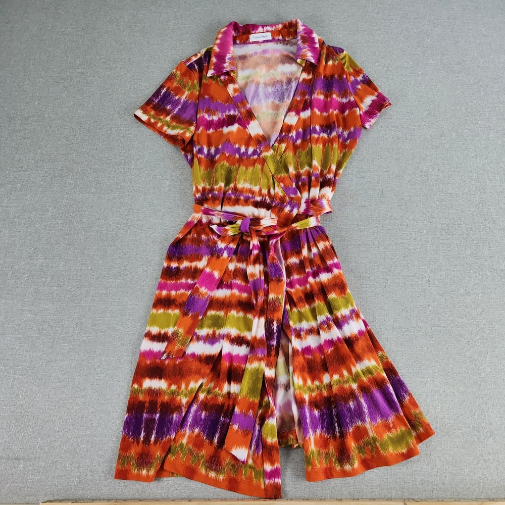 Calvin Klein Medium Abstract Ikat Tie Dye Wrap Midi Dress Pink Orange Purple EUC